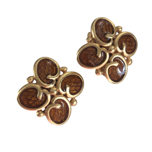 Vintage Oscar De La Renta earrings clip on logo brown  enamel